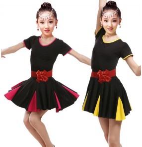 Short sleeves yellow gold round neck girls kids children performance competition latin dance dresses 